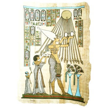 Papiro egipcio original  de Akenatón con su familia recibiendo los rayos del sol